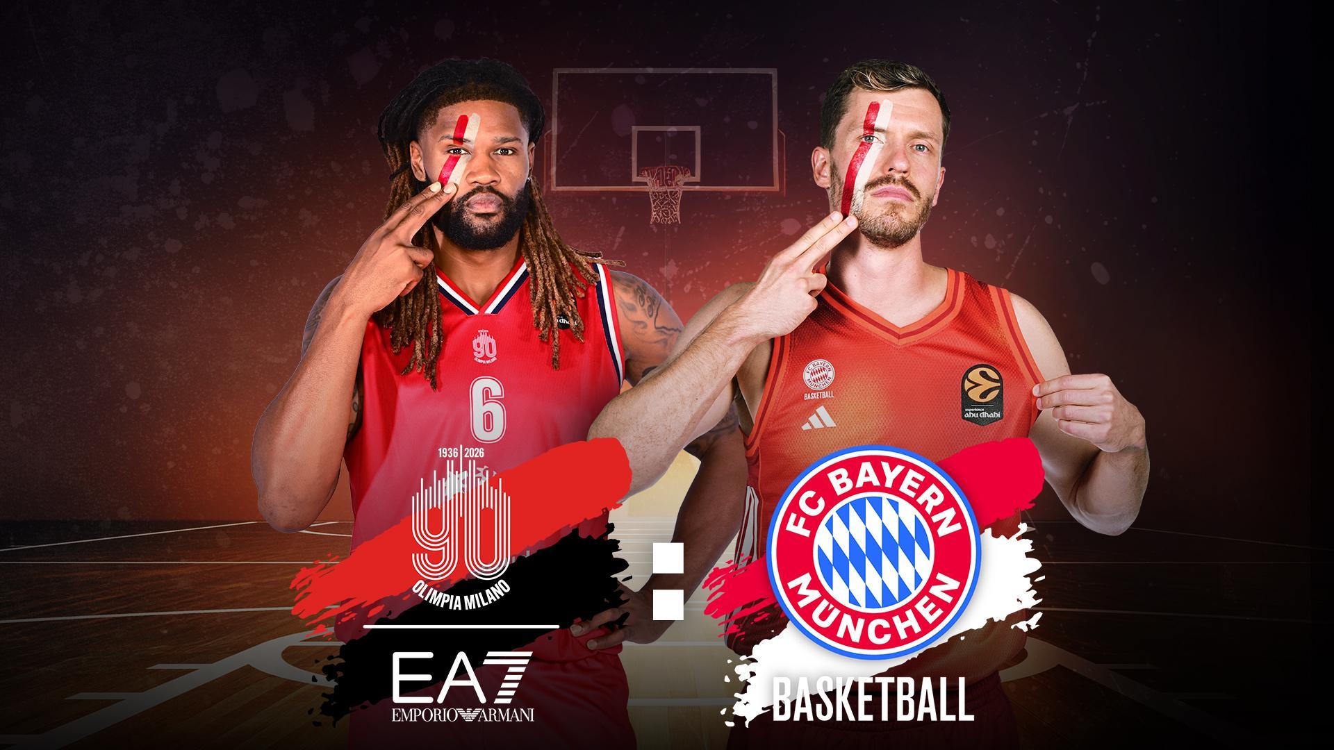 Werbegrafik mit Spielern von EA7 Emporio Armani Mailand und FC Bayern München mit Vereinslogos.